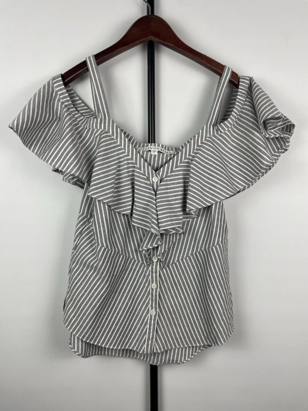 Veronica Beard Gray White Stripe Grant Cold-Shoulder Ruffle Cotton Blouse S 4